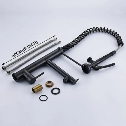 Black bronze kitchen mixer faucet with matte finish, flexible coiled hose, pull down spray head, and two handles