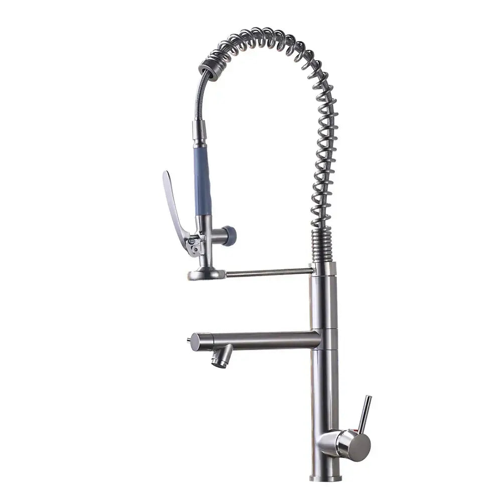 Black bronze kitchen mixer faucet with stainless steel flexible coiled hose and blue grip handle pull down spray head