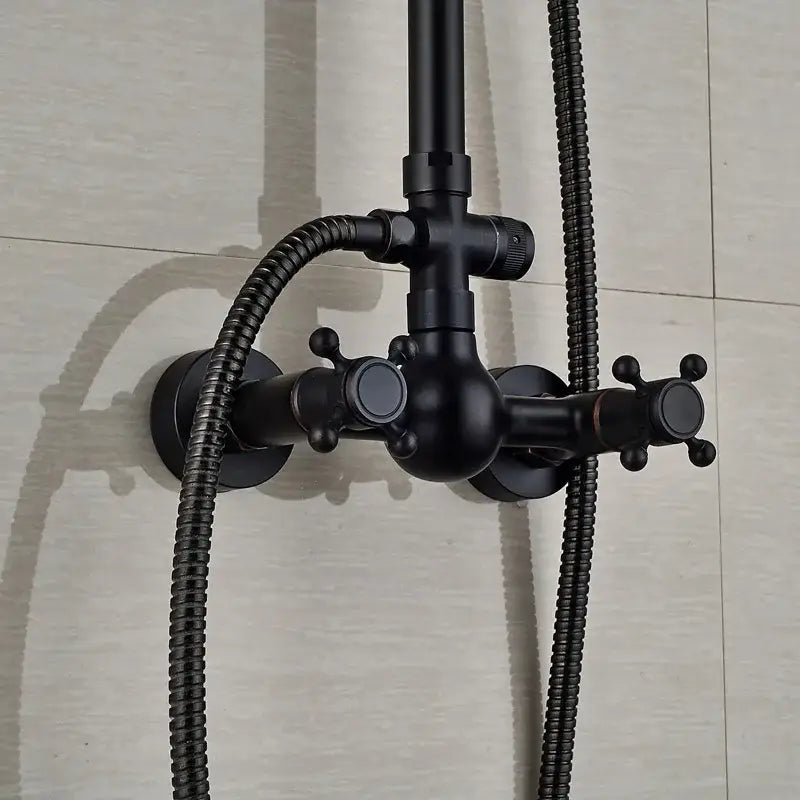 Black bronze shower faucet set with black matte-finished brass valve cross handles and flexible braided hoses for bathroom