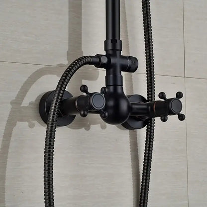 Black bronze shower faucet set with black matte-finished brass valve cross handles and flexible braided hoses for bathroom
