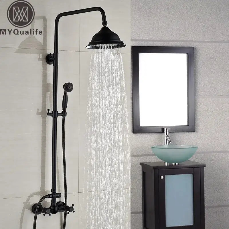 Black bronze shower faucet set with tall matte finish overhead rainhead and handheld spray nozzle for bathroom