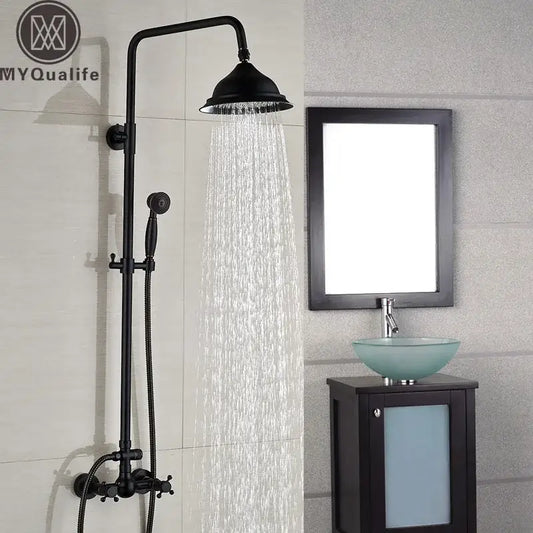 Black bronze shower faucet set with tall matte finish overhead rainhead and handheld spray nozzle for bathroom