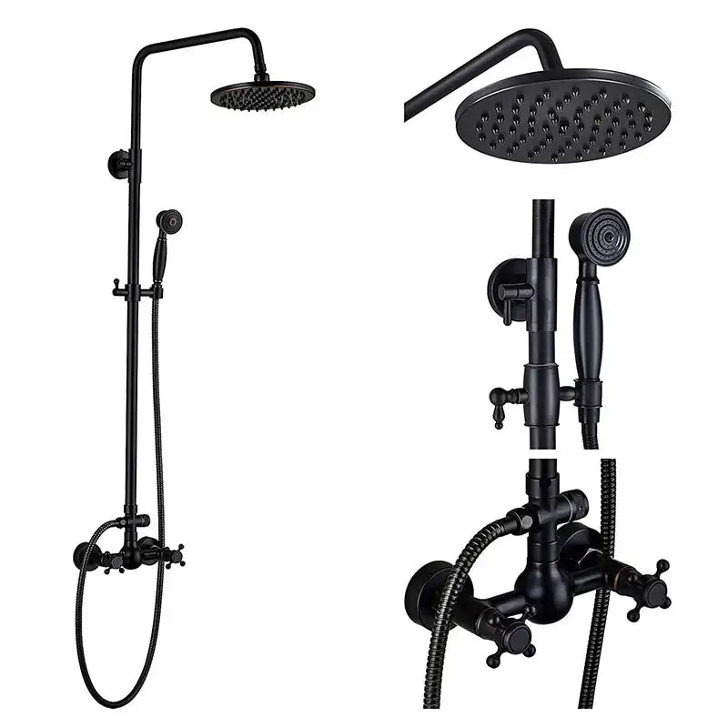 Black bronze shower faucet set with matte finish round rainhead handheld spray and vintage cross-handle controls
