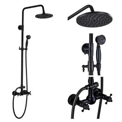 Black bronze shower faucet set with matte finish round rainhead handheld spray and vintage cross-handle controls