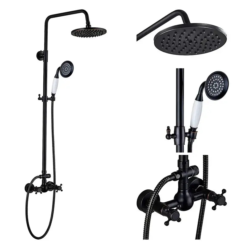 Black bronze shower faucet set with black matte round rainhead and handheld spray featuring white ceramic handles