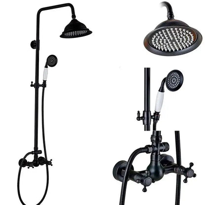Black bronze shower faucet set with black matte rainhead handheld spray and white ceramic handles for bathroom use