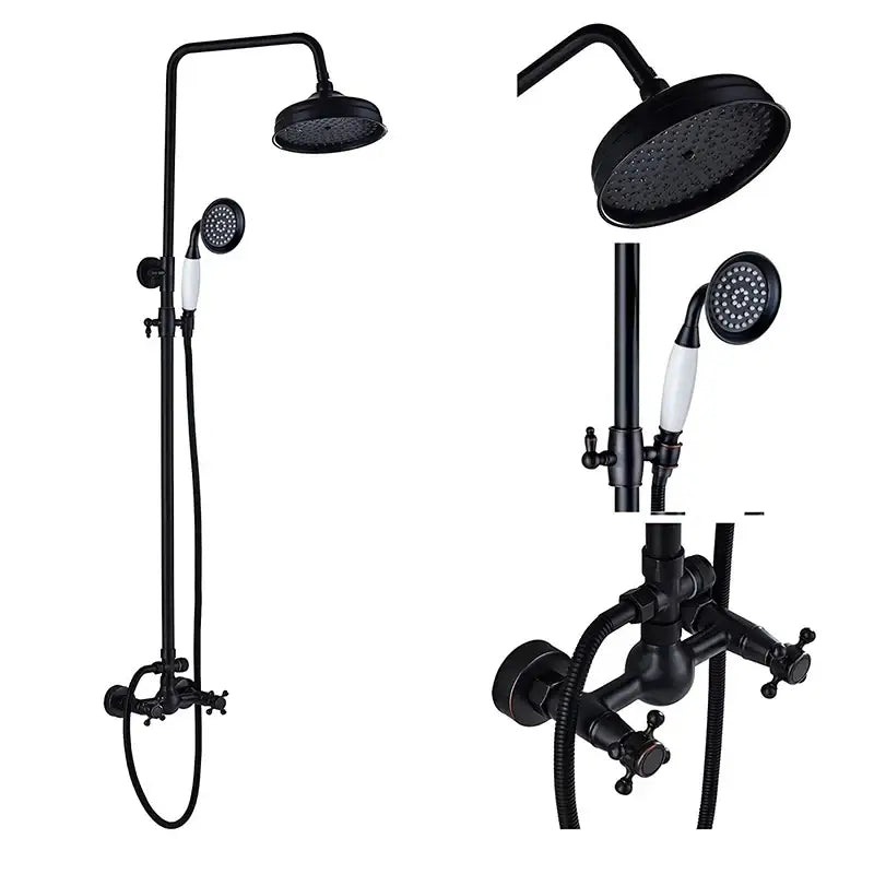 Black bronze shower faucet set with black matte rainfall shower system and white ceramic handles for bathroom use