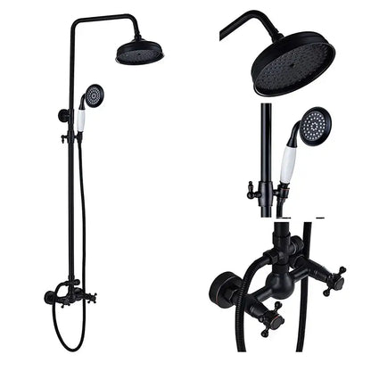 Black bronze shower faucet set with black matte rainfall shower system and white ceramic handles for bathroom use