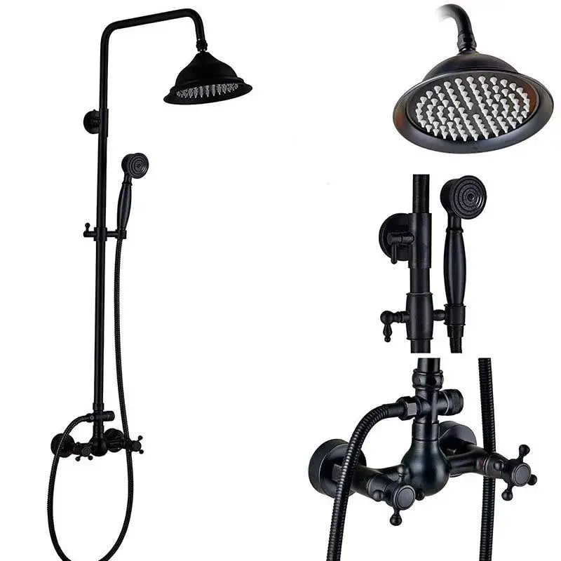 Black bronze shower faucet set with black matte brass finish, tall rainhead, handheld spray, and wall-mounted faucet