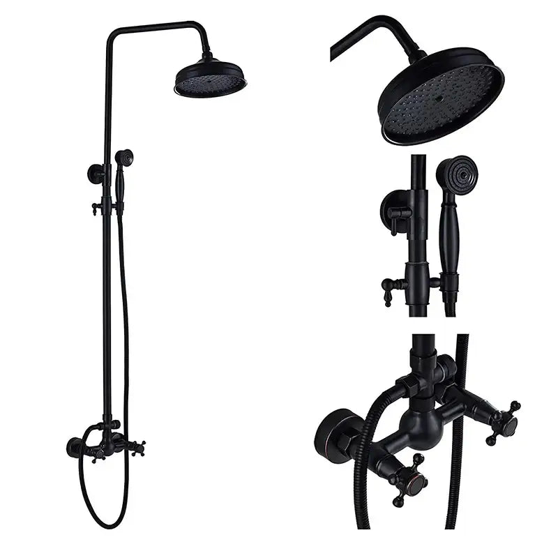 Black bronze shower faucet set with black matte finish, tall overhead rainhead, handheld spray, and wall-mounted faucet assembly