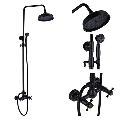 Black bronze shower faucet set with black matte finish, tall overhead rainhead, handheld spray, and wall-mounted faucet assembly