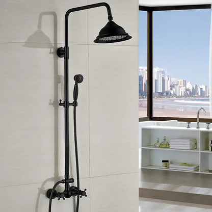 Black bronze shower faucet set with black matte finish tall overhead rainhead and handheld sprayer for bathroom use