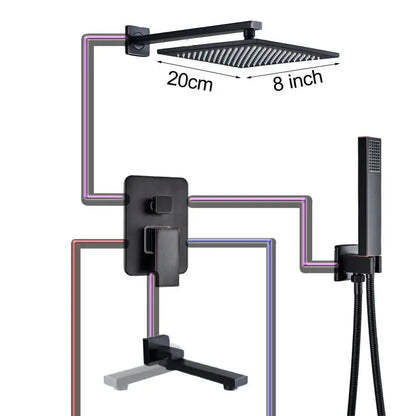 Black bronze square rainfall shower faucet set with black matte textured rain shower head and integrated wall mount by decorbites