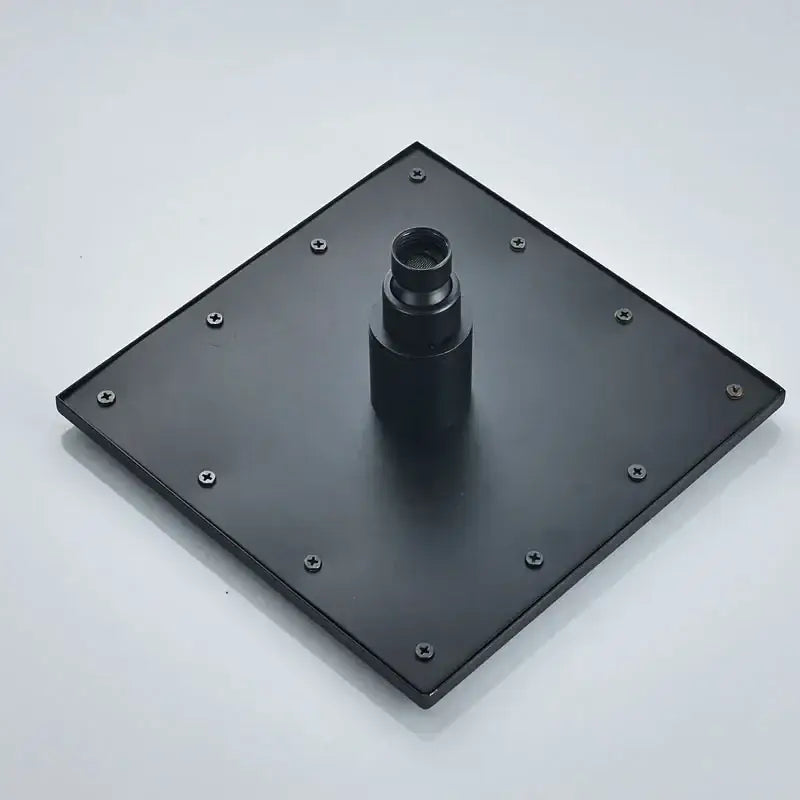 Black bronze square rainfall shower faucet wall mount with central cylindrical fixture secured by eight screws decorbites black bronze