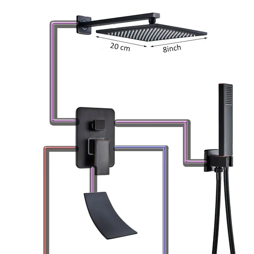 Black matte finished black bronze square rainfall shower faucet with integrated bracket and 8 inch dimension decorbites black bronze
