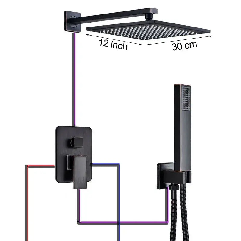 Black matte-finished square shower faucet with integrated wall mount and handheld attachment black bronze decorbites