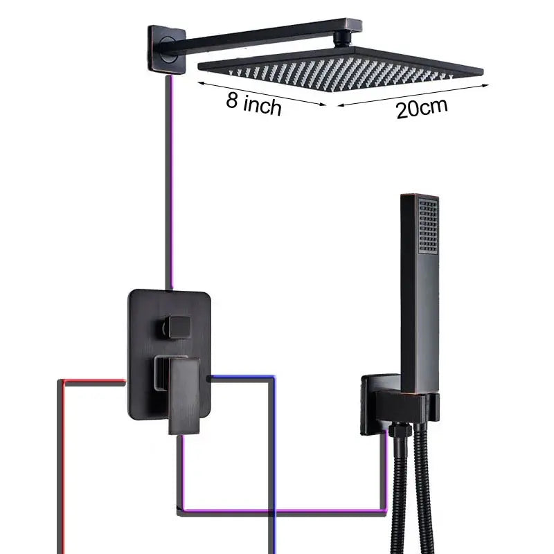 Black bronze square rainfall shower faucet set with black matte textured shower head and matching wall-mounted control panel by decorbites