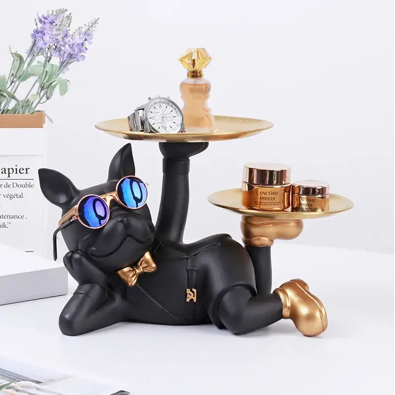 Black french bulldog desktop storage statue with gold trays wearing blue sunglasses and gold bow tie from decorbites bulldog desktop decor