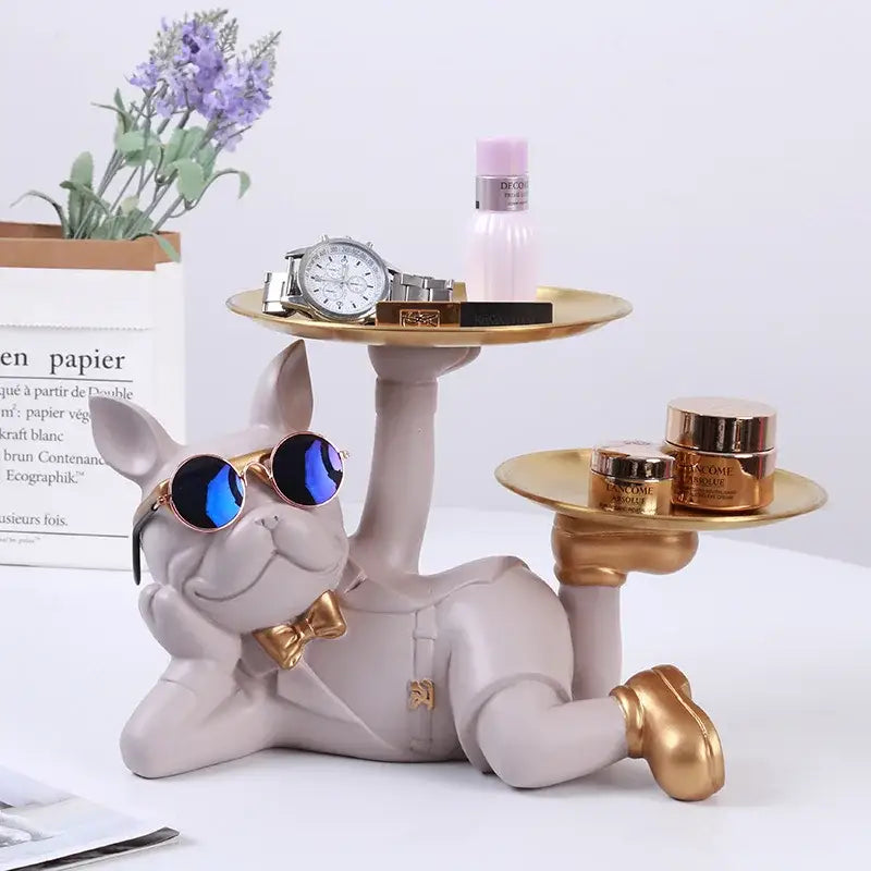 A stylish gray french bulldog desktop storage statue with gold trays and sunglasses perfect for decorbites bulldog desktop decor