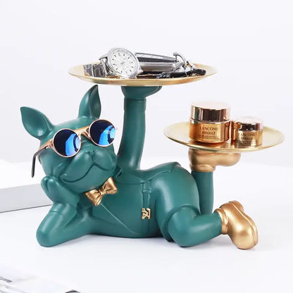 Teal and gold resin bulldog desktop storage statue with sunglasses bow tie and two gold trays for decorbites bulldog desktop