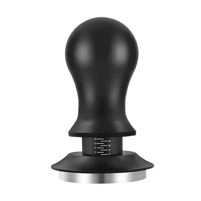 Black calibrated espresso coffee tamper with matte finish and silver metal base featuring measurement markings on collar