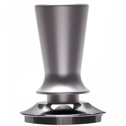 Black calibrated espresso coffee tamper with matte metallic finish, sleek tapered handle, and flat circular base for precise tamping