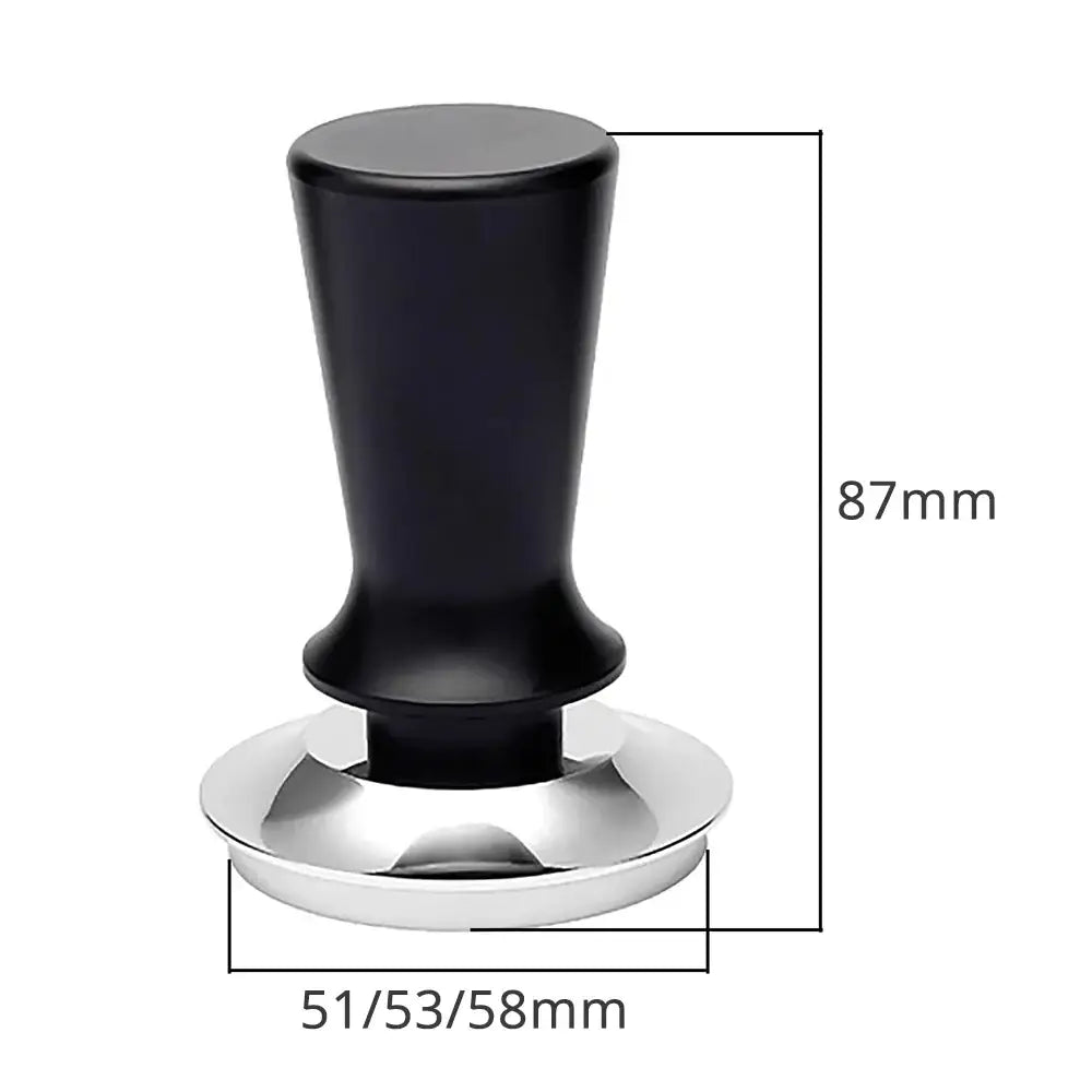 Black calibrated espresso coffee tamper with ergonomic handle and polished stainless steel base for precise coffee brewing
