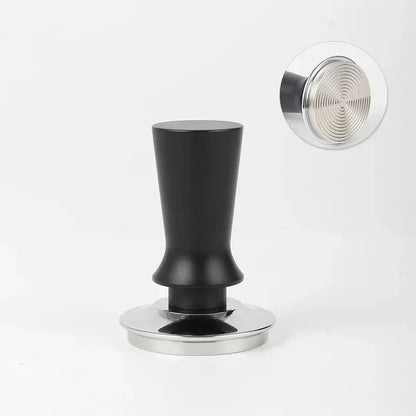 Black calibrated stainless steel espresso tamper set with ergonomic black handle and textured circular top decorbites espresso tamper