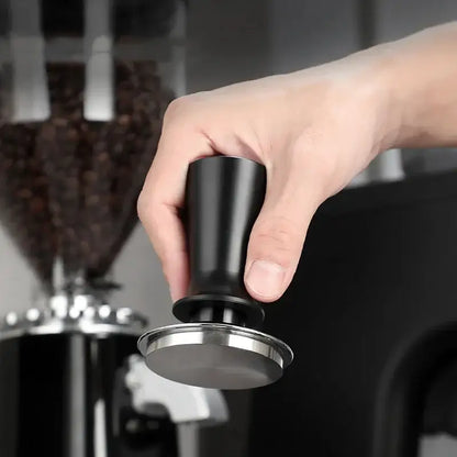 Black calibrated stainless steel espresso tamper set with a sleek black handle and grooved polished base for decorbites espresso tamper