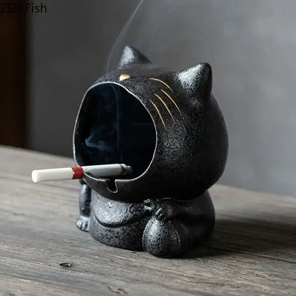 Black cartoon cat ceramic ashtray with gold whiskers and cigarette inside for living room decorbites cartoon cat decor