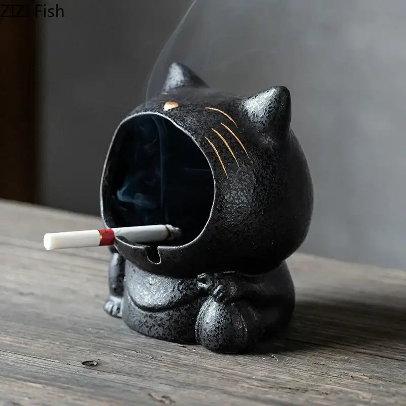 Black cartoon cat ceramic ashtray with gold whiskers and cigarette inside for living room decorbites cartoon cat decor