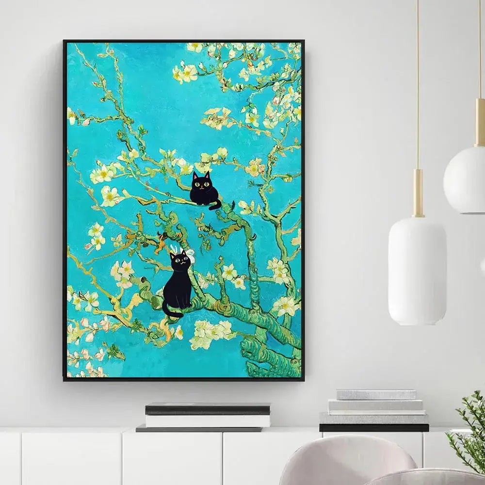 A framed DecorBites™ canvas wall art of two black cats on greenish branches against a turquoise starry night background