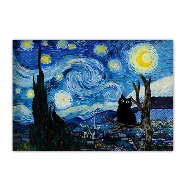 DecorBites™ black cat starry night canvas wall art featuring a black cat on a branch against a glowing night sky