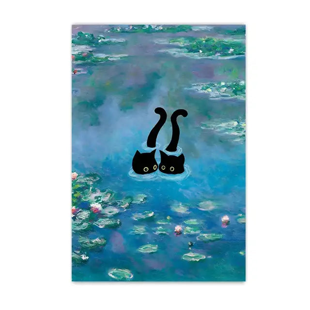 Decorbites™ black cat starry night canvas wall art featuring black cat cutouts with white eyes in a pond scene