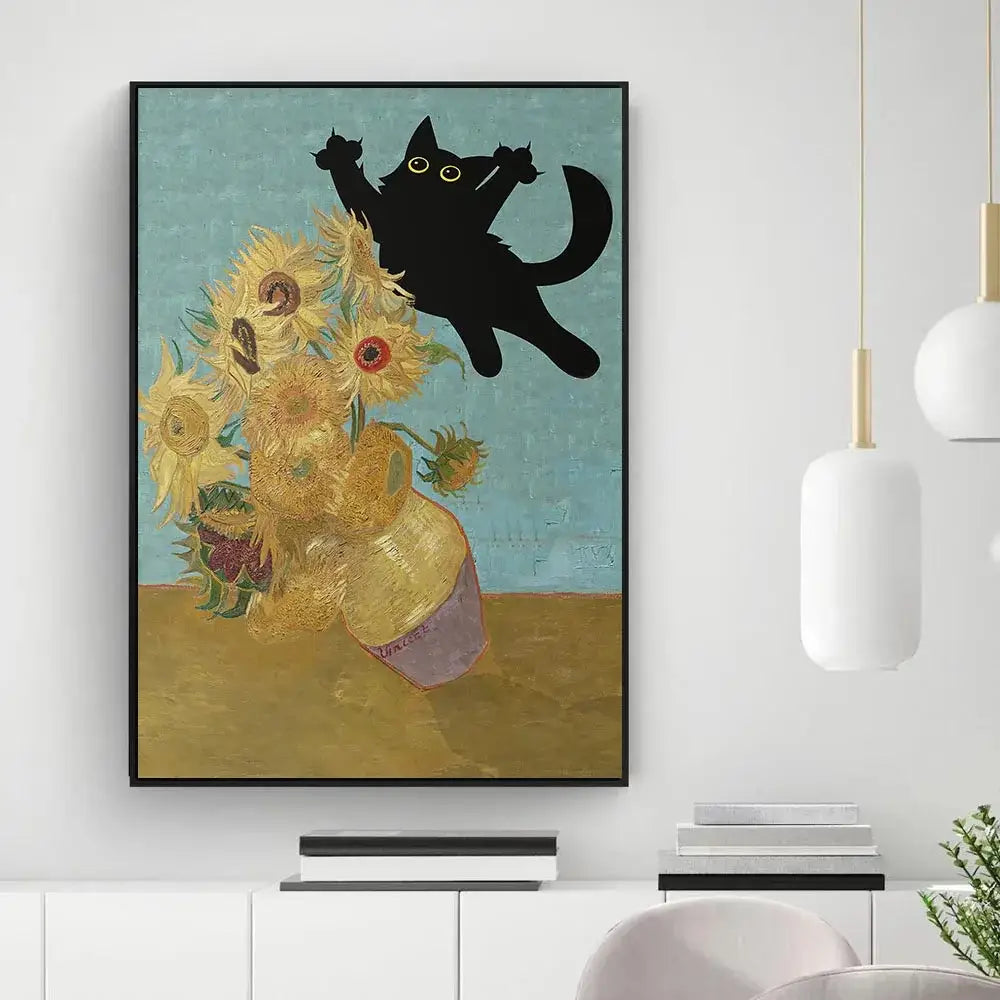 Decorbites black cat starry night canvas wall art featuring a black cat silhouette with vibrant yellow sunflowers in a black frame