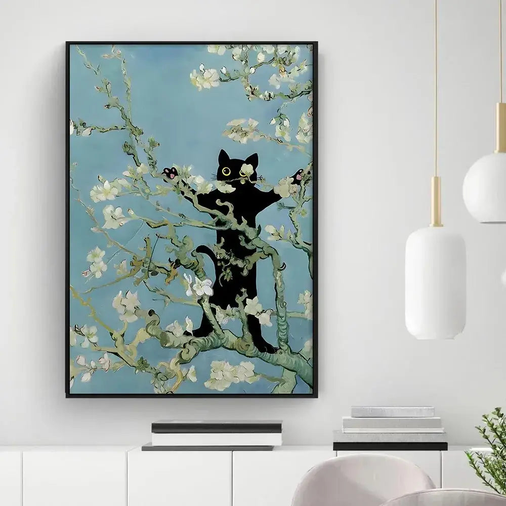 DecorBites black cat starry night wall art featuring silhouette with white blossoms and gnarled branches in black frame