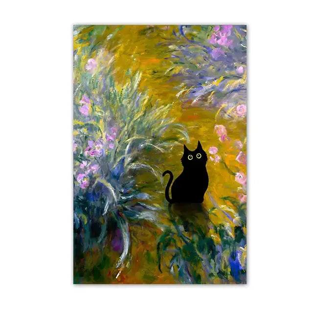 Decorbites™ black cat starry night canvas wall art featuring a black cat silhouette with wide white eyes in vibrant florals