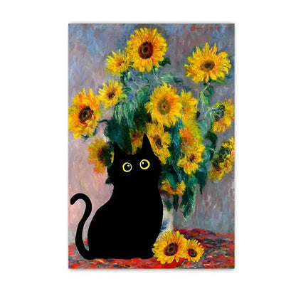 DecorBites black cat starry night canvas wall art features a black cat silhouette with yellow eyes and sunflowers