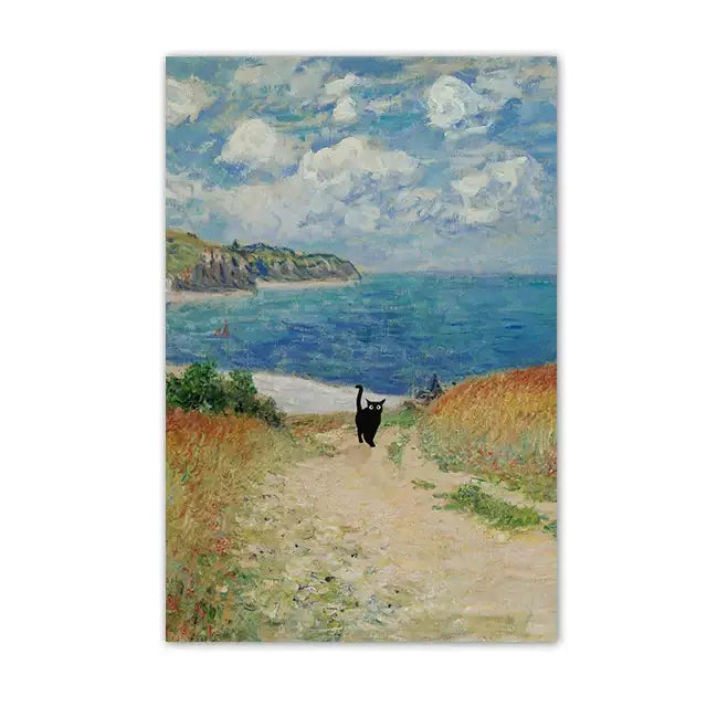 DecorBites black cat starry night canvas wall art features a black cat walking a sunlit coastal path in impressionistic style