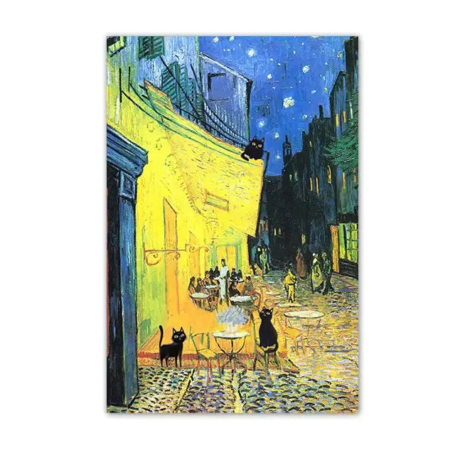 DecorBites™ black cat starry night canvas wall art features vibrant yellow café scene in van Gogh brushstrokes