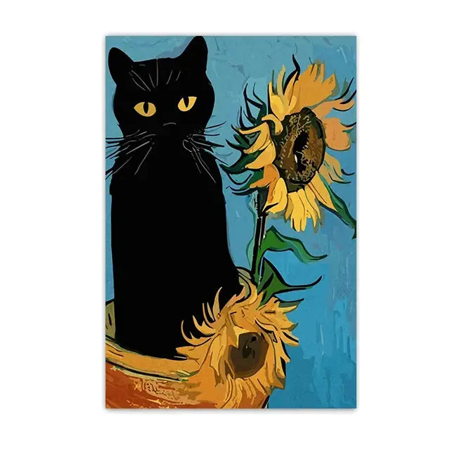 Decorbites™ black cat starry night canvas wall art features a black cat with yellow eyes beside a sunflower on blue background
