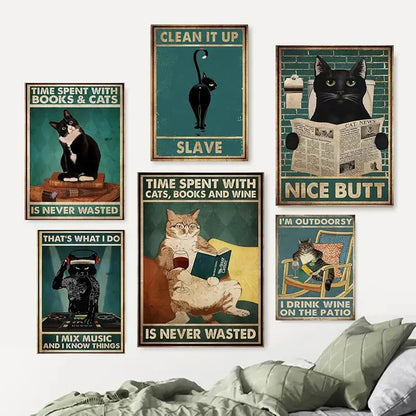 Set of six vintage-style cat-themed posters featuring black cat reading illustrations in rustic wooden frames for home decor