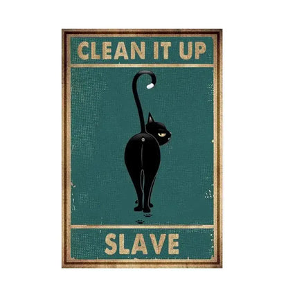 Teal vintage-style DecorBites™ poster featuring a black cat reading with yellow eyes framed in rustic wood for home decor