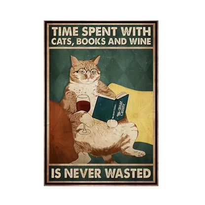 Vintage-style poster from decorbites featuring a ginger tabby cat reading the great gatsby with wine for home decor