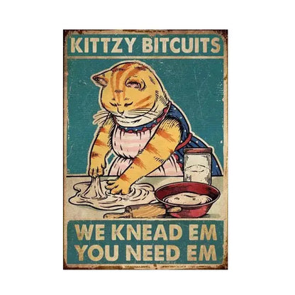 Vintage teal and beige poster featuring a cartoon orange tabby cat kneading dough with kittzy bitcuits text for home decor