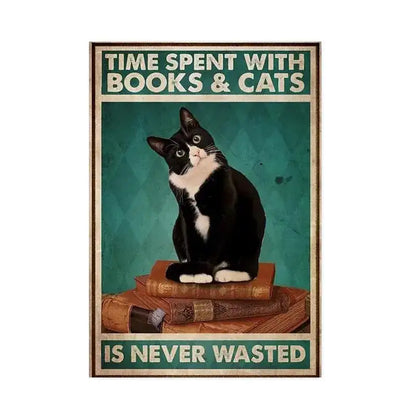 DecorBites™ black cat reading music poster featuring a fluffy black and white cat atop vintage books for home decor