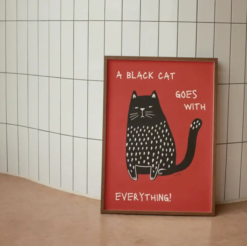 A framed decorbites™ wall art canvas with a bold red background featuring a funny animal black cat illustration and white text