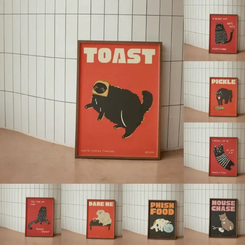A framed DecorBites™ wall art featuring a funny black cat wearing toast as a hat on a bold red background