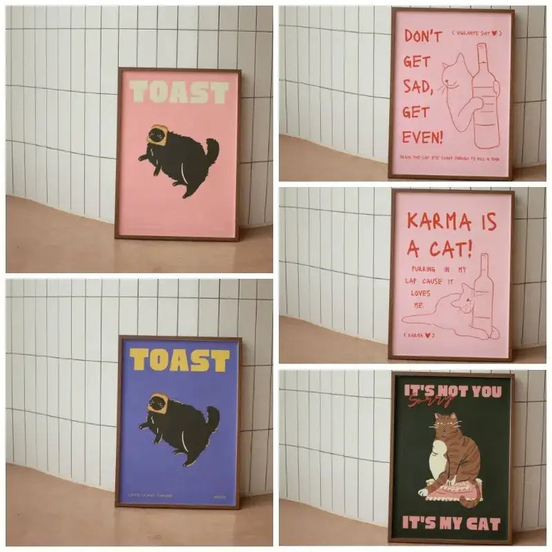 Decorbites™ black cat funny animal wall art canvas with pink and blue framed cartoon cat posters featuring humor text