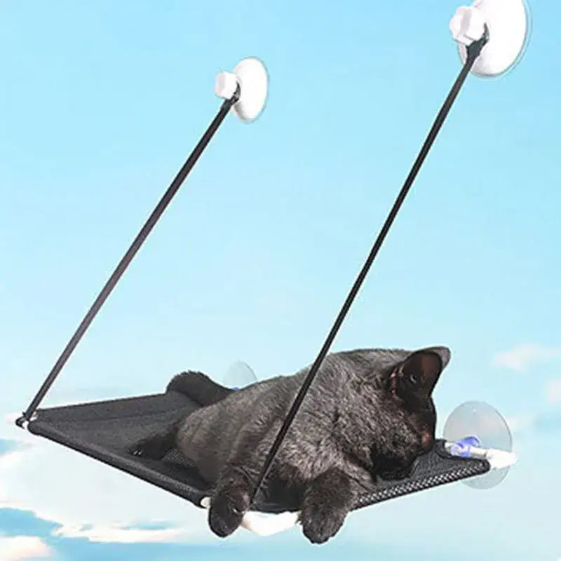 Black mesh cat window suction hammock with white suction cups and black straps for window suction hanging bed use